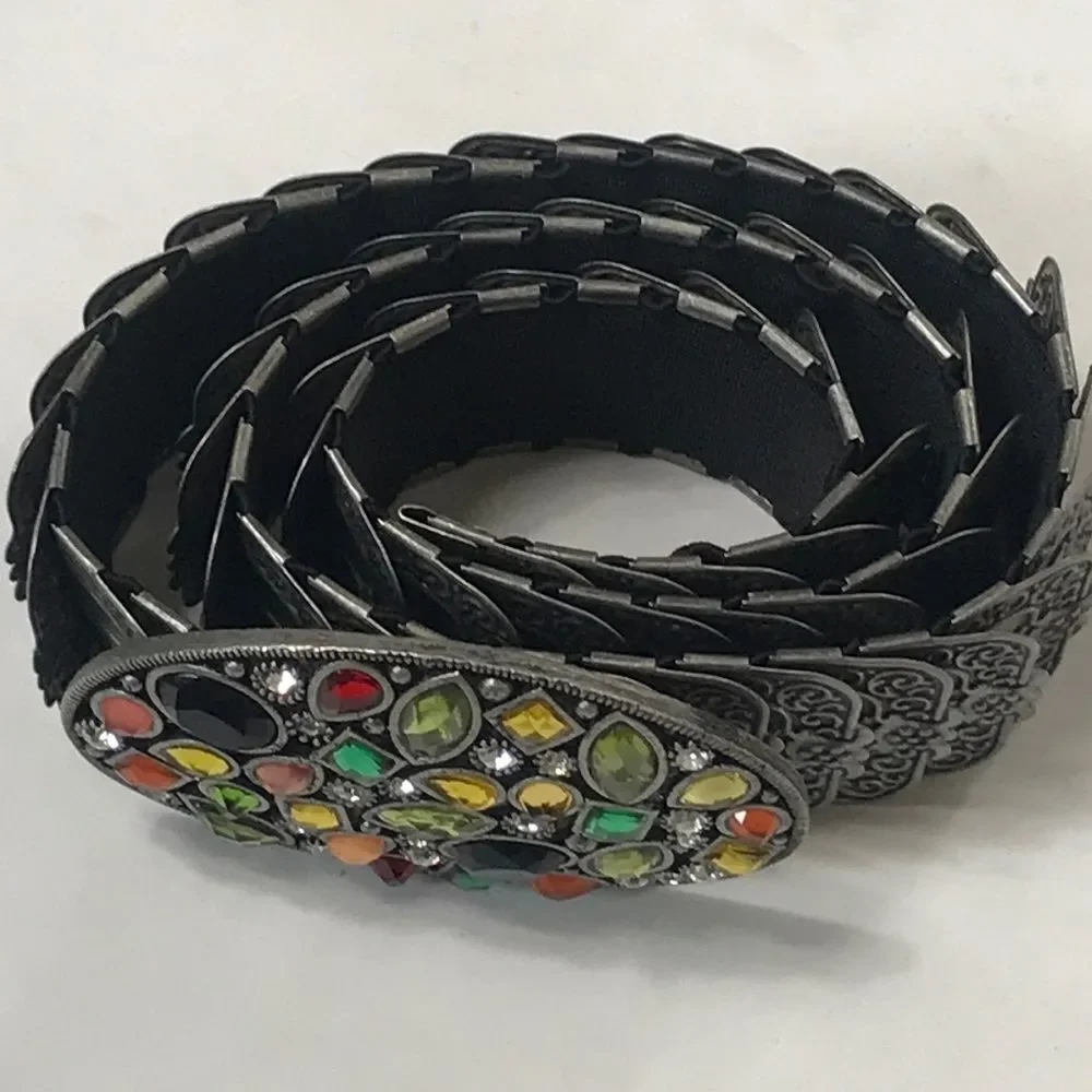 Vintage Rectangle Elastic Metal And Rhinestone 80s,Belts